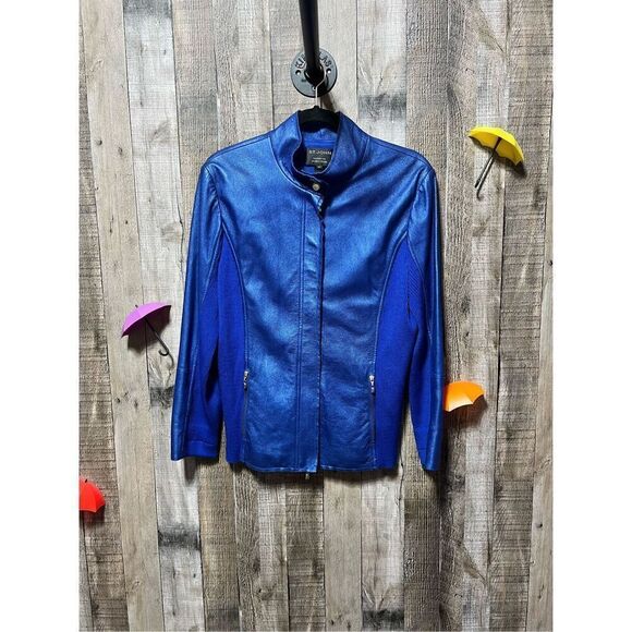 St John Metallic Blue Lamb Leather Jacket - Picture 1 of 5